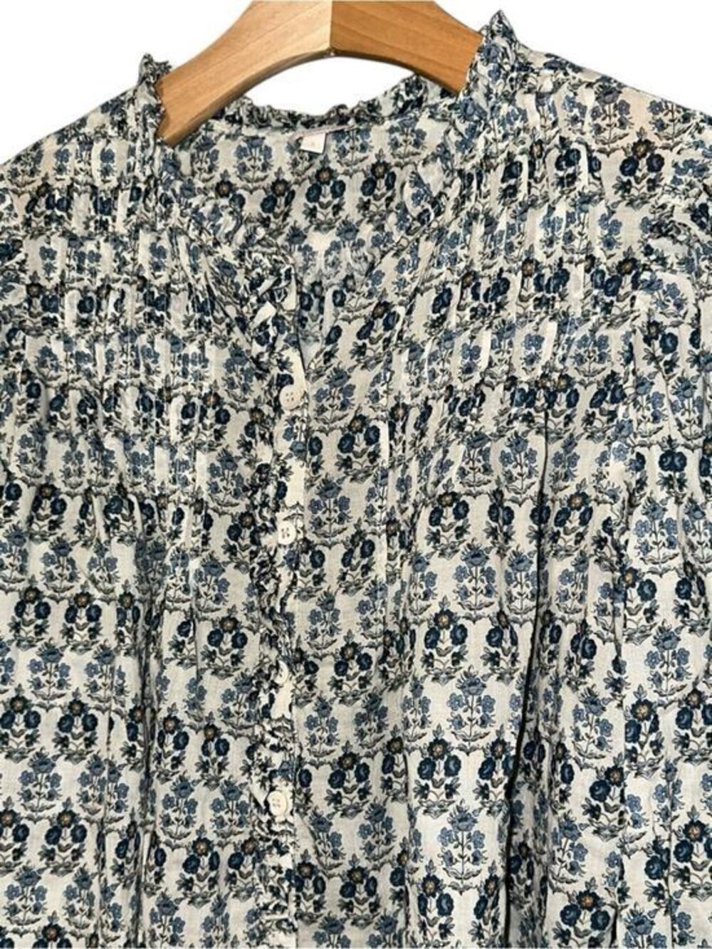 Pablo Womens Size 2 S Blue Cream French Provence Floral Button Down Cotton Shirt